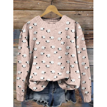 Cute Cartoon Sheep Graphic Comfy Knit Sweater