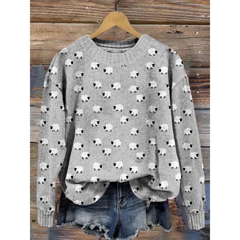 Cute Cartoon Sheep Graphic Comfy Knit Sweater