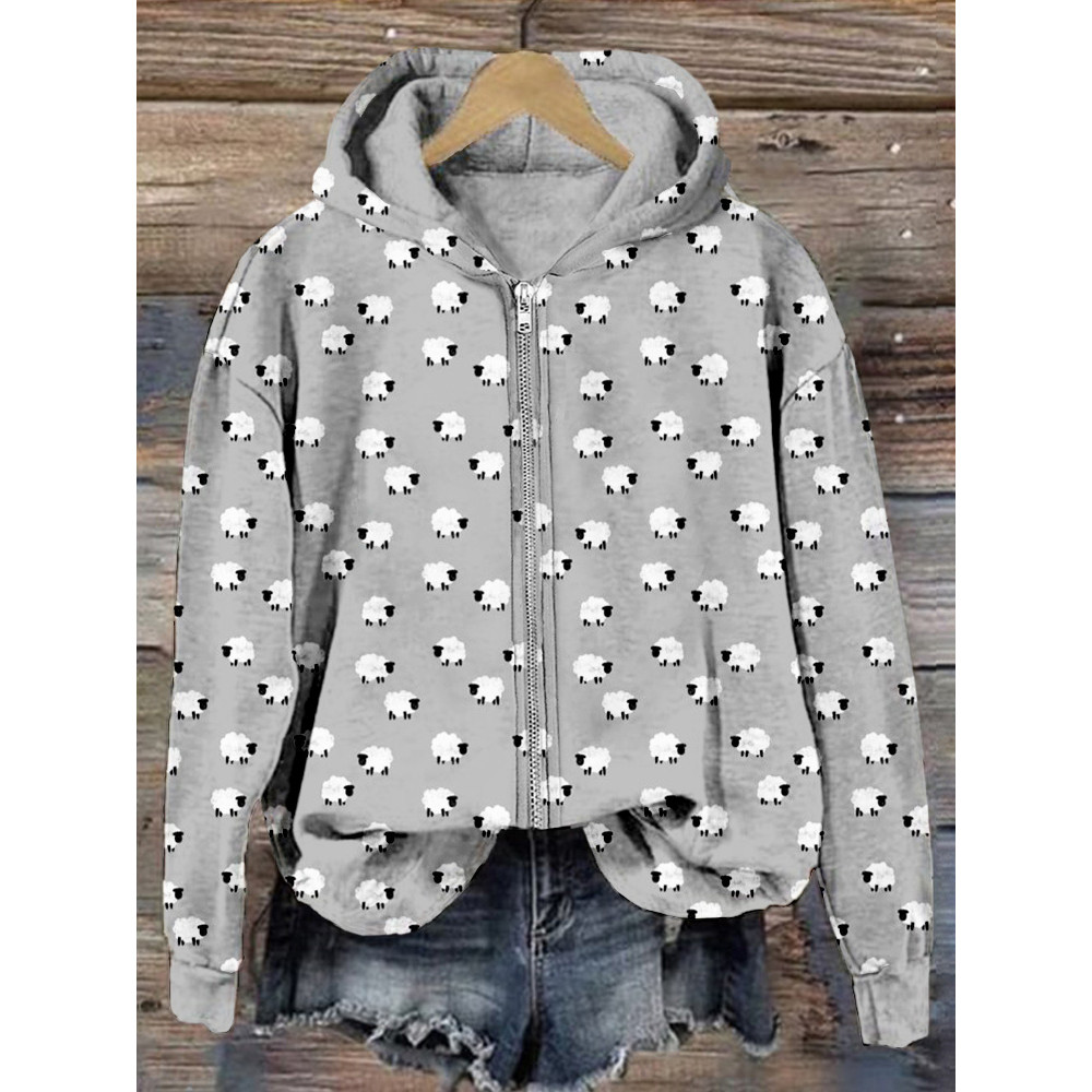 Cute Cartoon Sheep Graphic Zip Up Comfy Hoodie