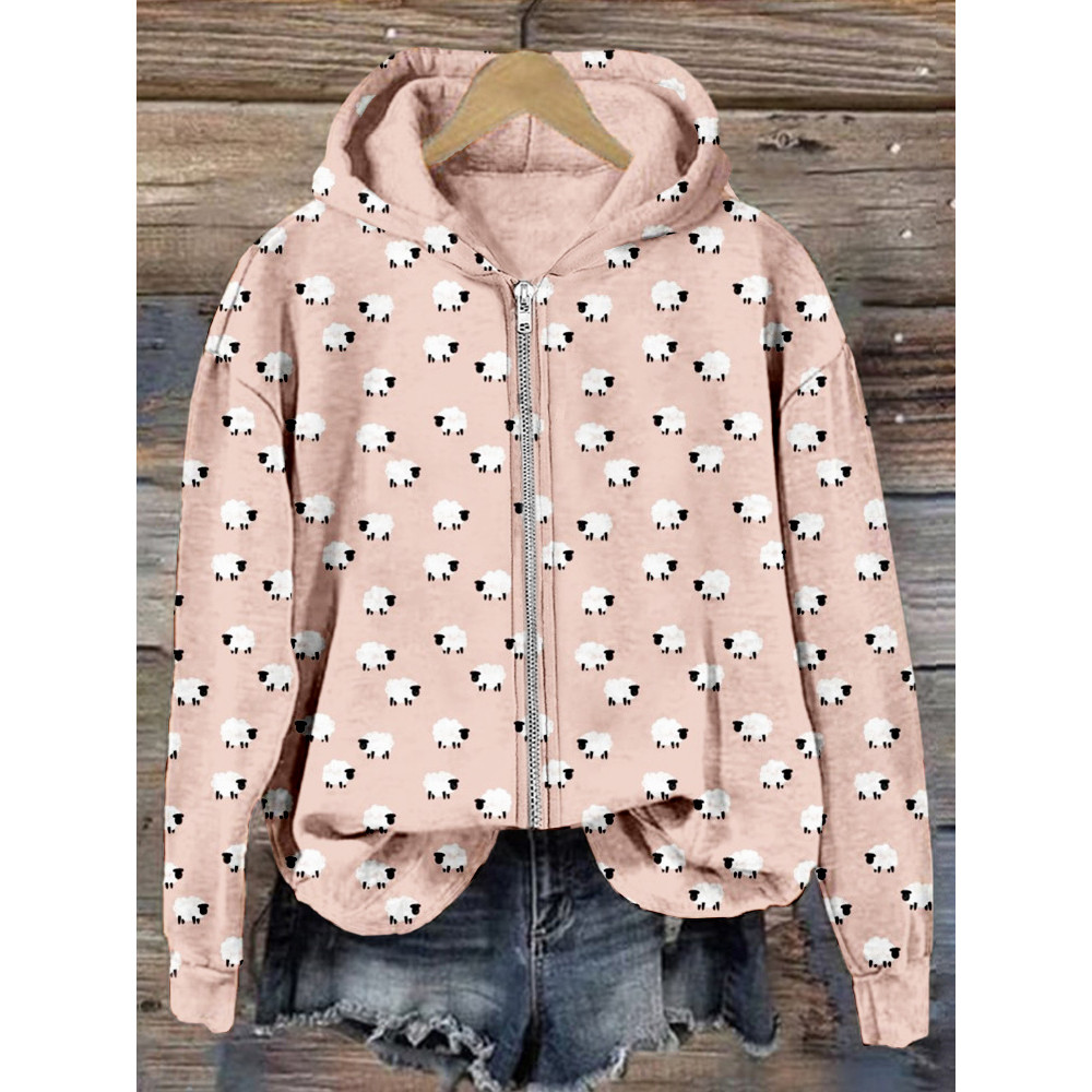 Cute Cartoon Sheep Graphic Zip Up Comfy Hoodie