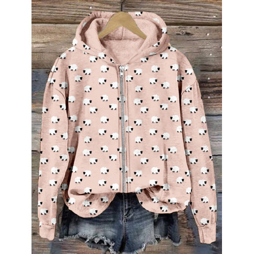 Cute Cartoon Sheep Graphic Zip Up Comfy Hoodie