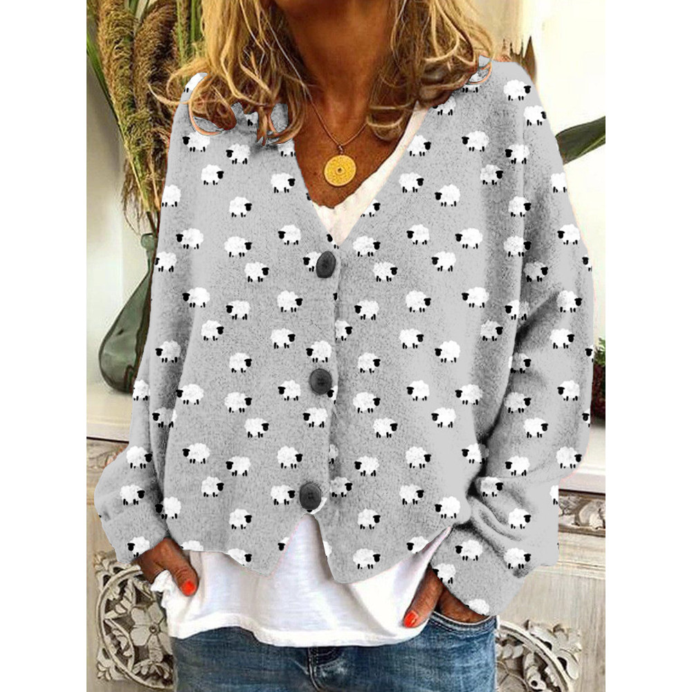 Cute Cartoon Sheep Pattern Cozy Knit Cardigan