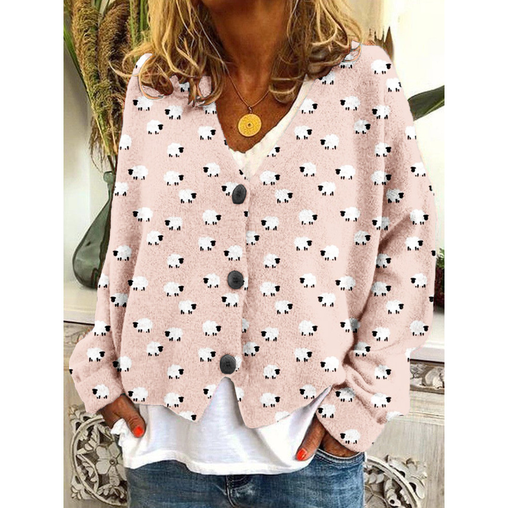 Cute Cartoon Sheep Pattern Cozy Knit Cardigan