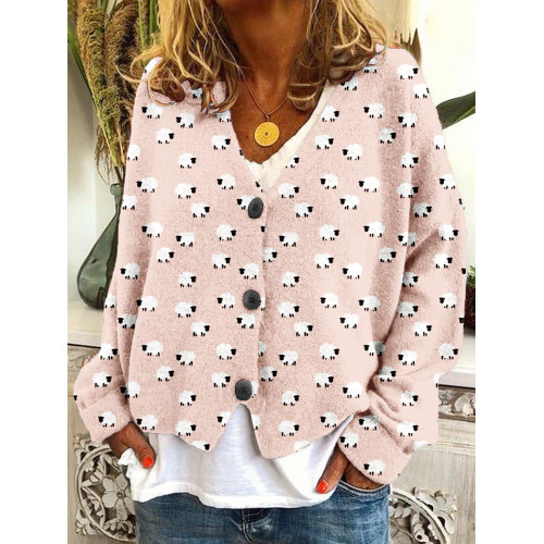 Cute Cartoon Sheep Pattern Cozy Knit Cardigan