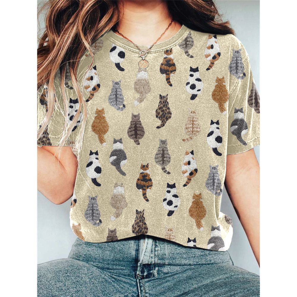 Cute Cats Embroidery Pattern Casual Cotton T-Shirt