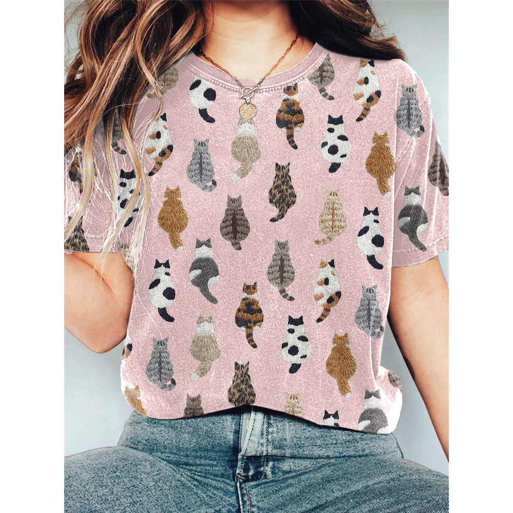 Cute Cats Embroidery Pattern Casual Cotton T-Shirt