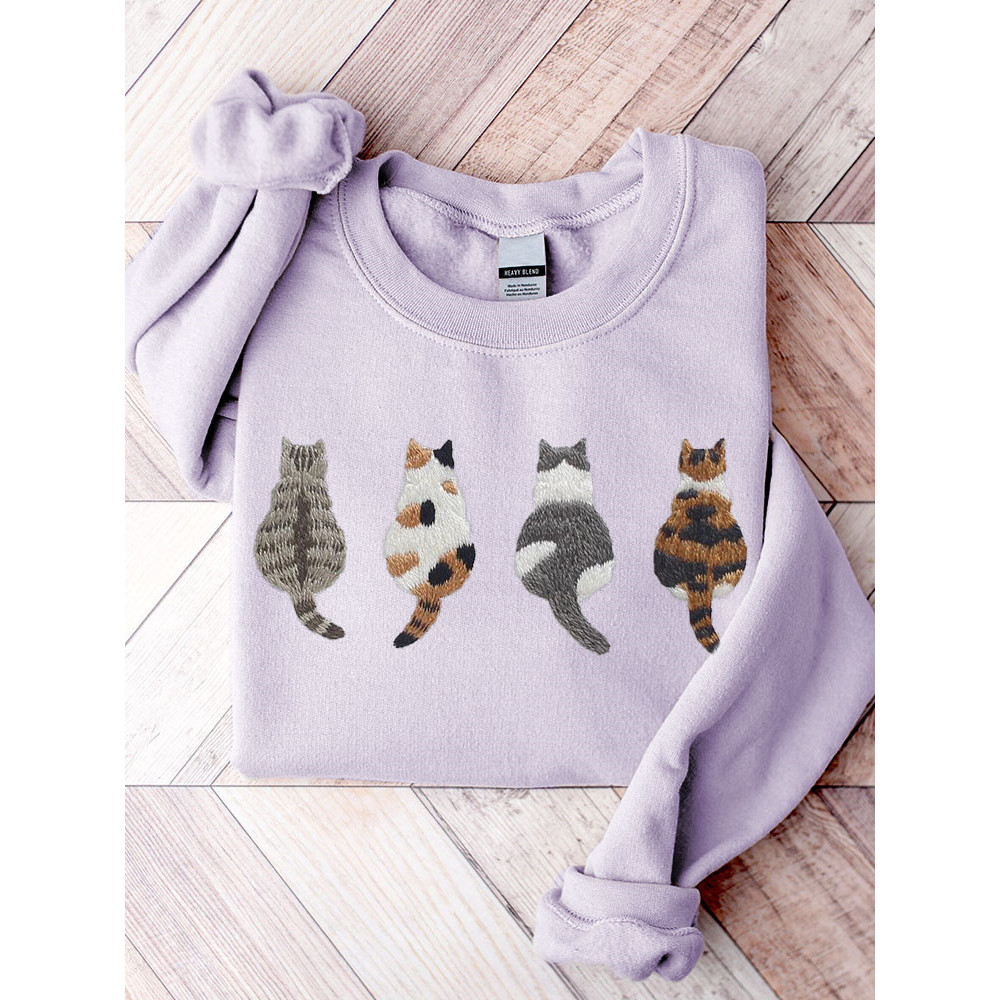 Cute Cats Embroidery Pattern Casual Cozy Sweatshirt