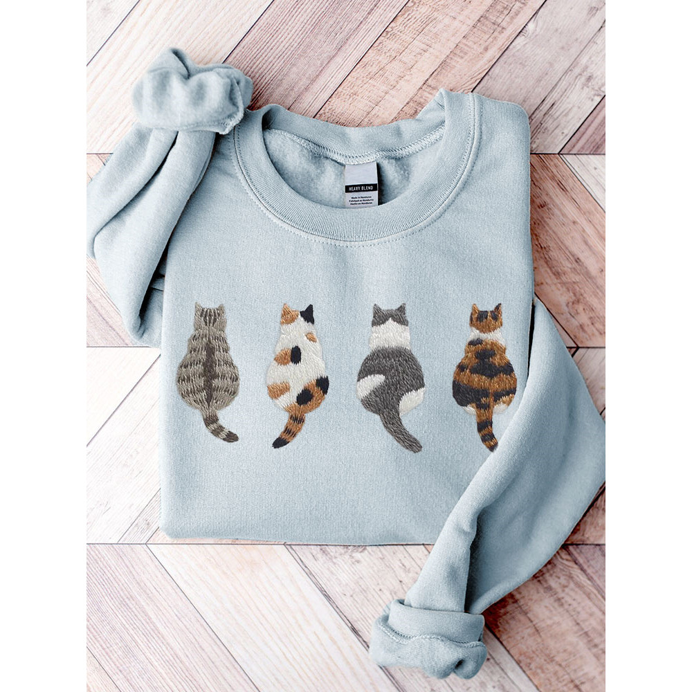 Cute Cats Embroidery Pattern Casual Cozy Sweatshirt
