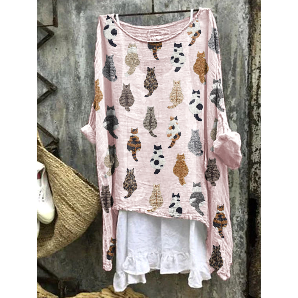 Cute Cats Embroidery Pattern Linen Blend Casual Shirt