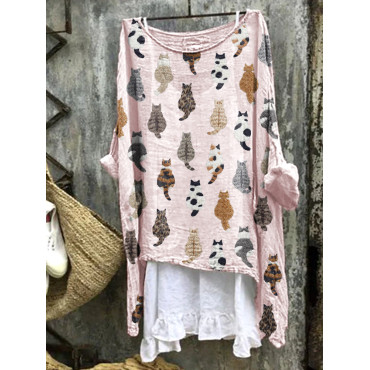 Cute Cats Embroidery Pattern Linen Blend Casual Shirt
