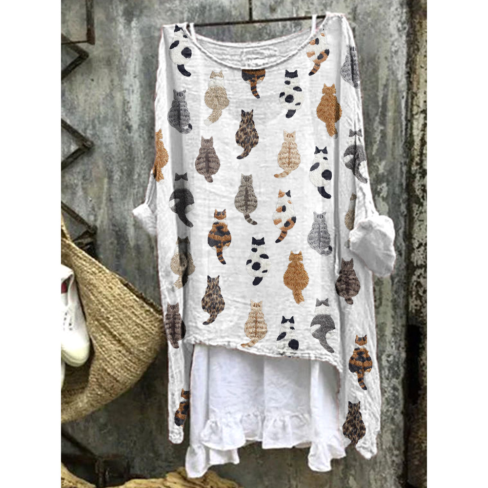 Cute Cats Embroidery Pattern Linen Blend Casual Shirt
