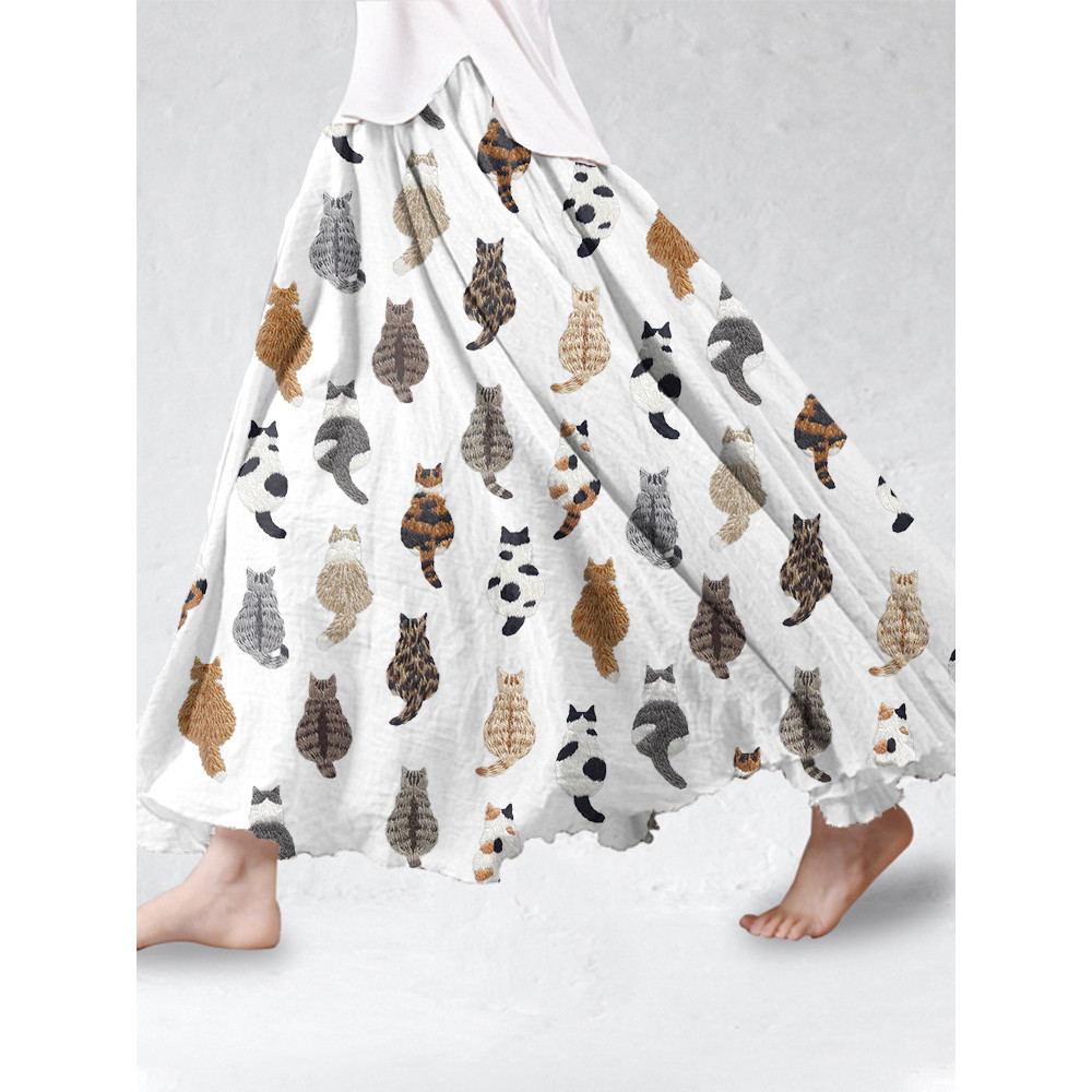 Cute Cats Embroidery Pattern Linen Blend Skirt