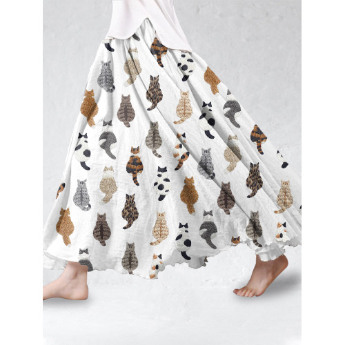Cute Cats Embroidery Pattern Linen Blend Skirt