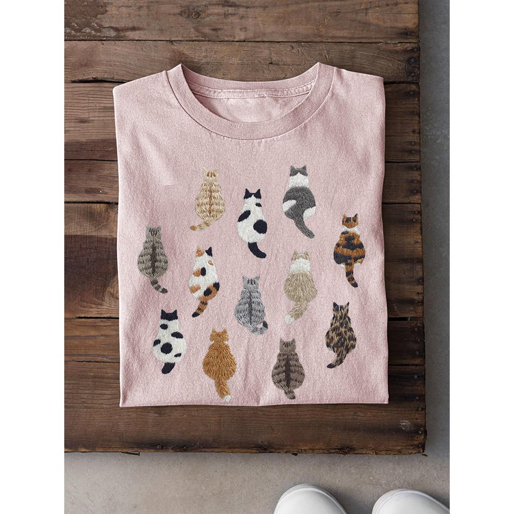 Cute Cats Embroidery Pattern Short Sleeve Cotton T-Shirt