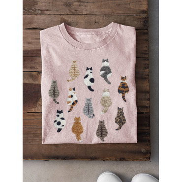 Cute Cats Embroidery Pattern Short Sleeve Cotton T-Shirt