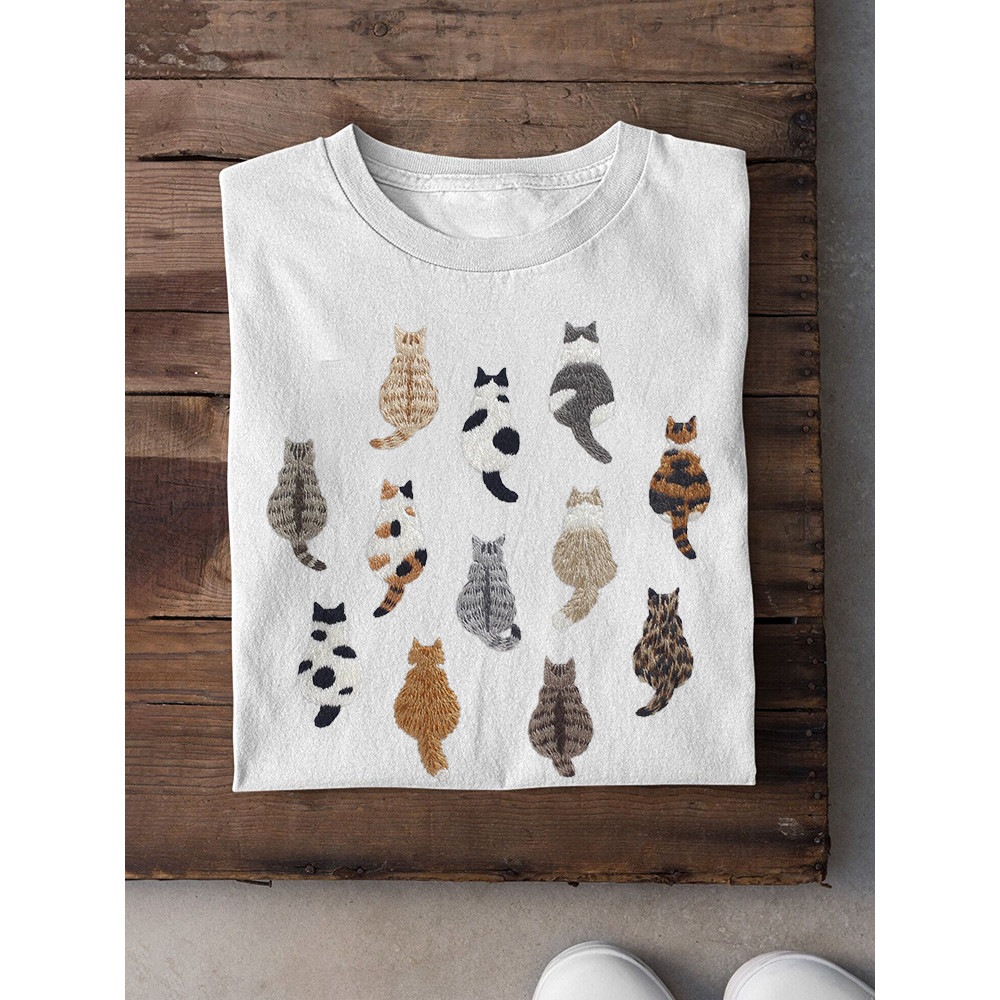 Cute Cats Embroidery Pattern Short Sleeve Cotton T-Shirt