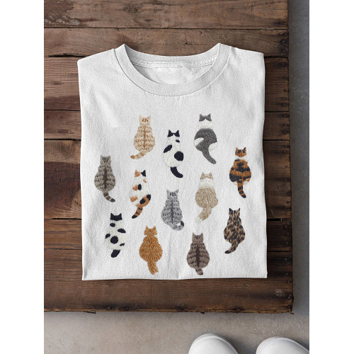 Cute Cats Embroidery Pattern Short Sleeve Cotton T-Shirt