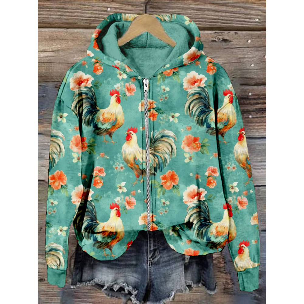 Cute Chicken Breeds Floral Pattern Zip Up Comfy Hoodie