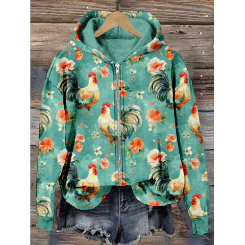 Cute Chicken Breeds Floral Pattern Zip Up Comfy Hoodie