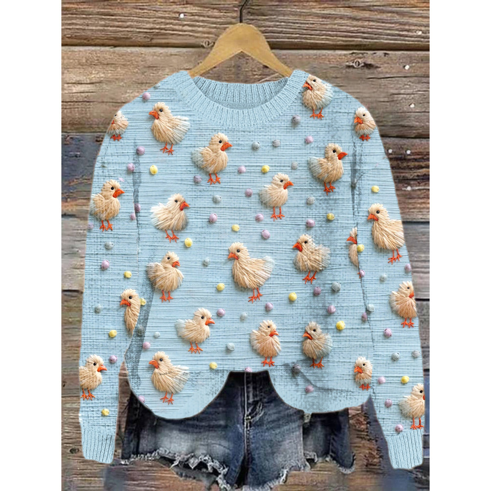 Cute Chicken Embroidery Art Casual Cozy Knit Sweater
