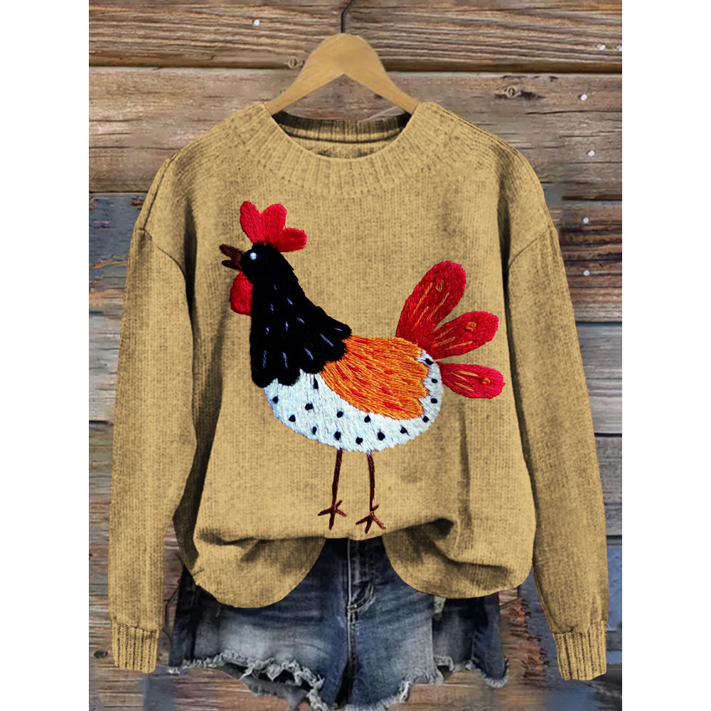 Cute Chicken Embroidery Art Pattern Cozy Knit Sweater