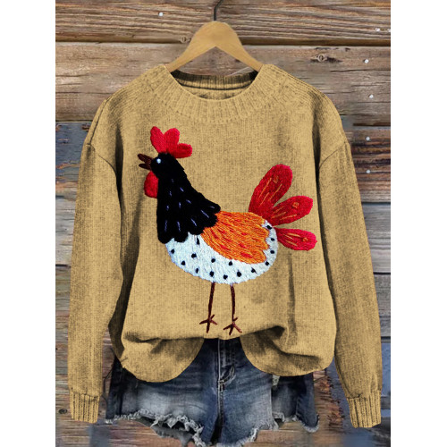 Cute Chicken Embroidery Art Pattern Cozy Knit Sweater