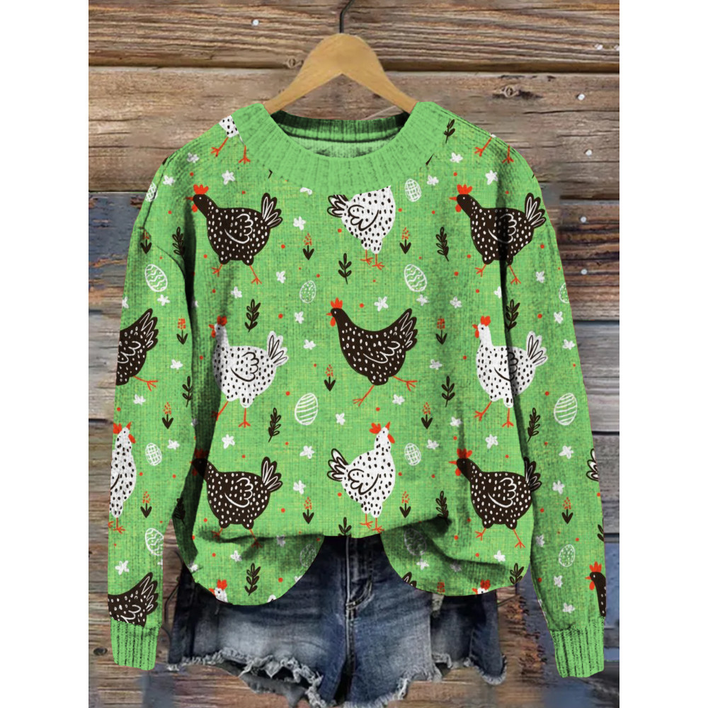 Cute Chicken Graphic Vintage Cozy Knit Sweater
