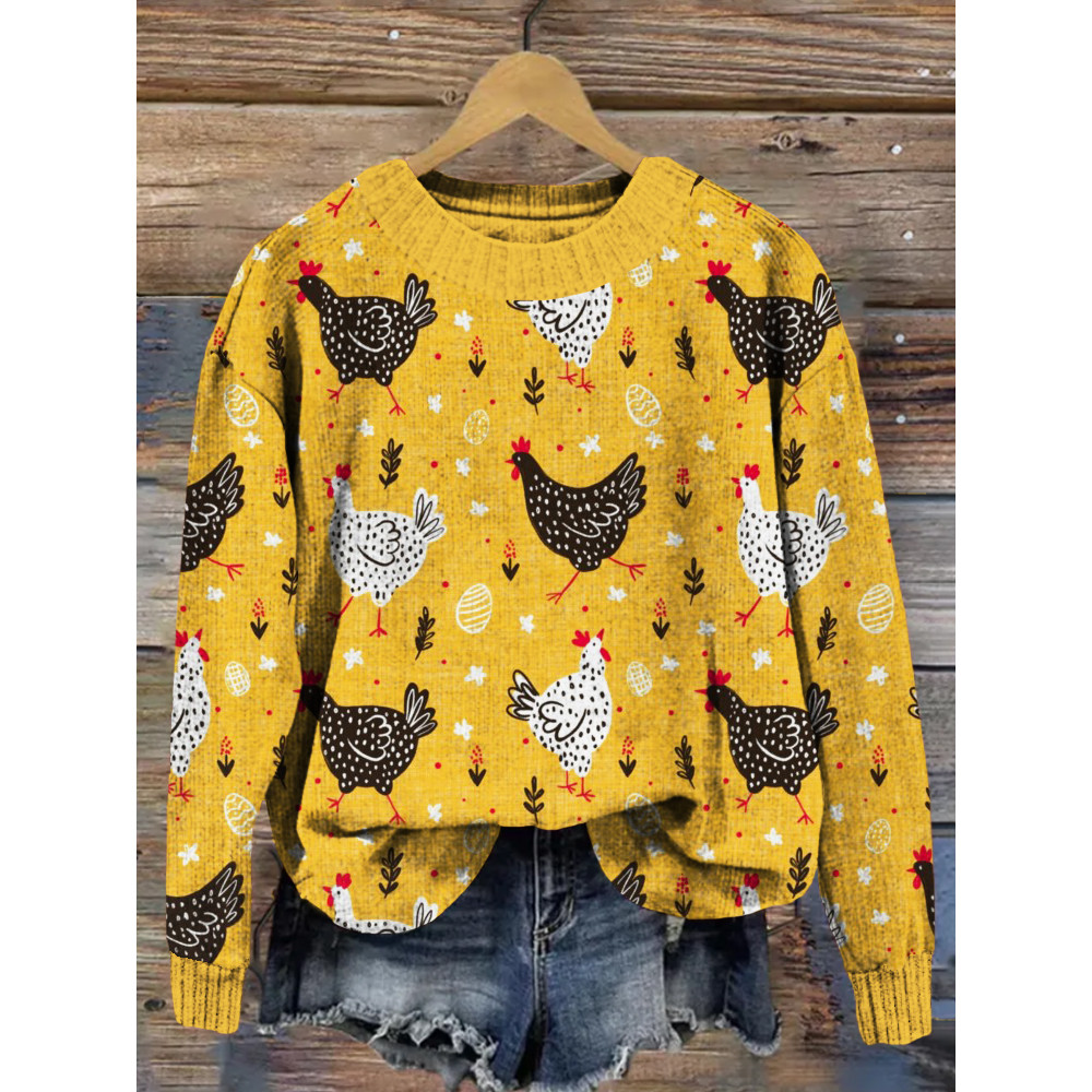 Cute Chicken Graphic Vintage Cozy Knit Sweater