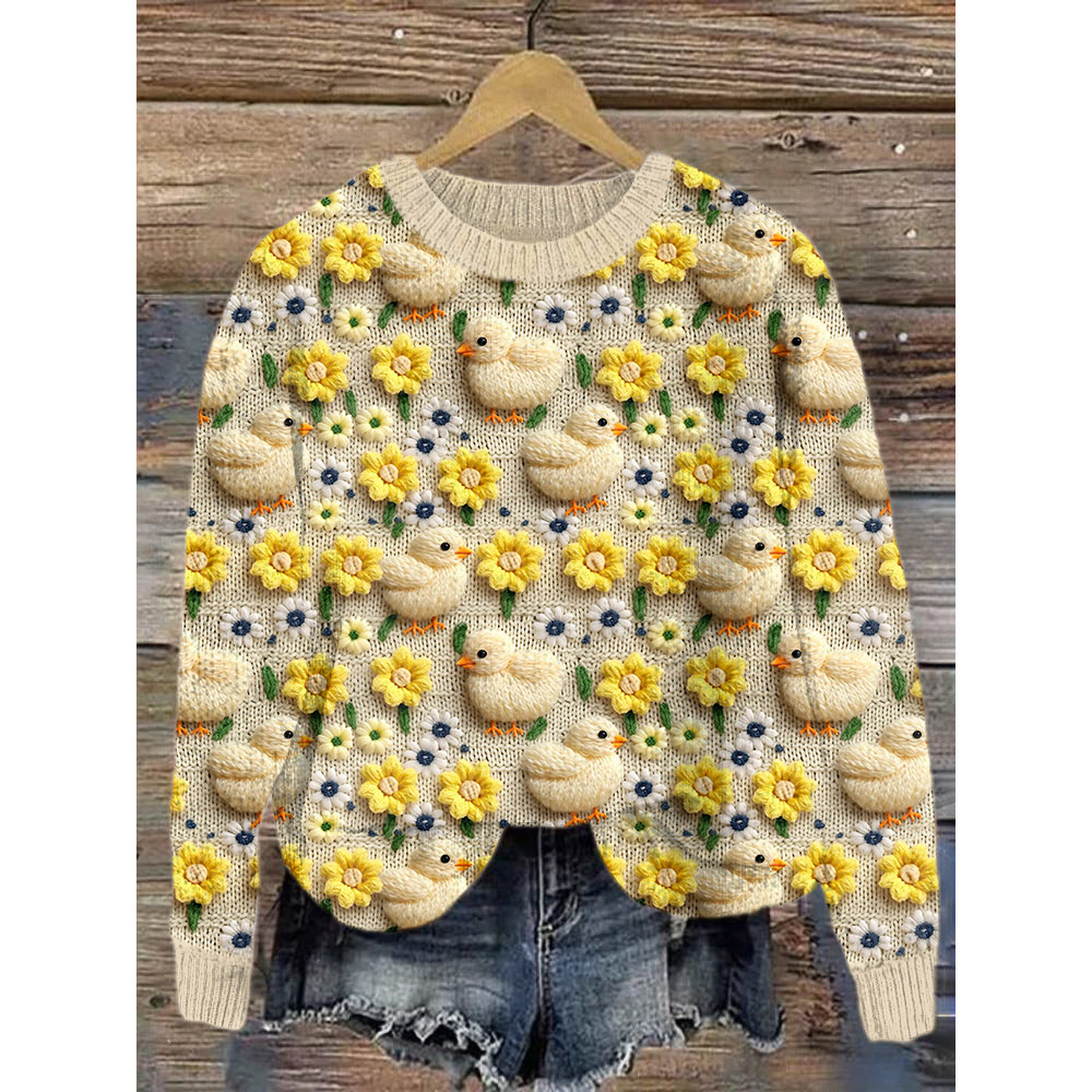 Cute Chicks & Florals Embroidery Art Cozy Knit Sweater