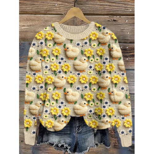 Cute Chicks & Florals Embroidery Art Cozy Knit Sweater