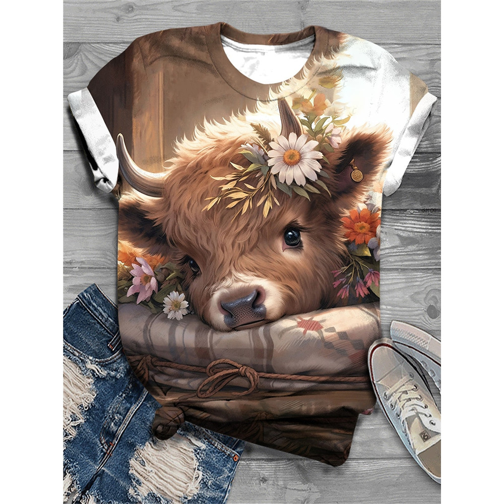 Cute Cow Print Round Neck Short Sleeve T-Shirt
