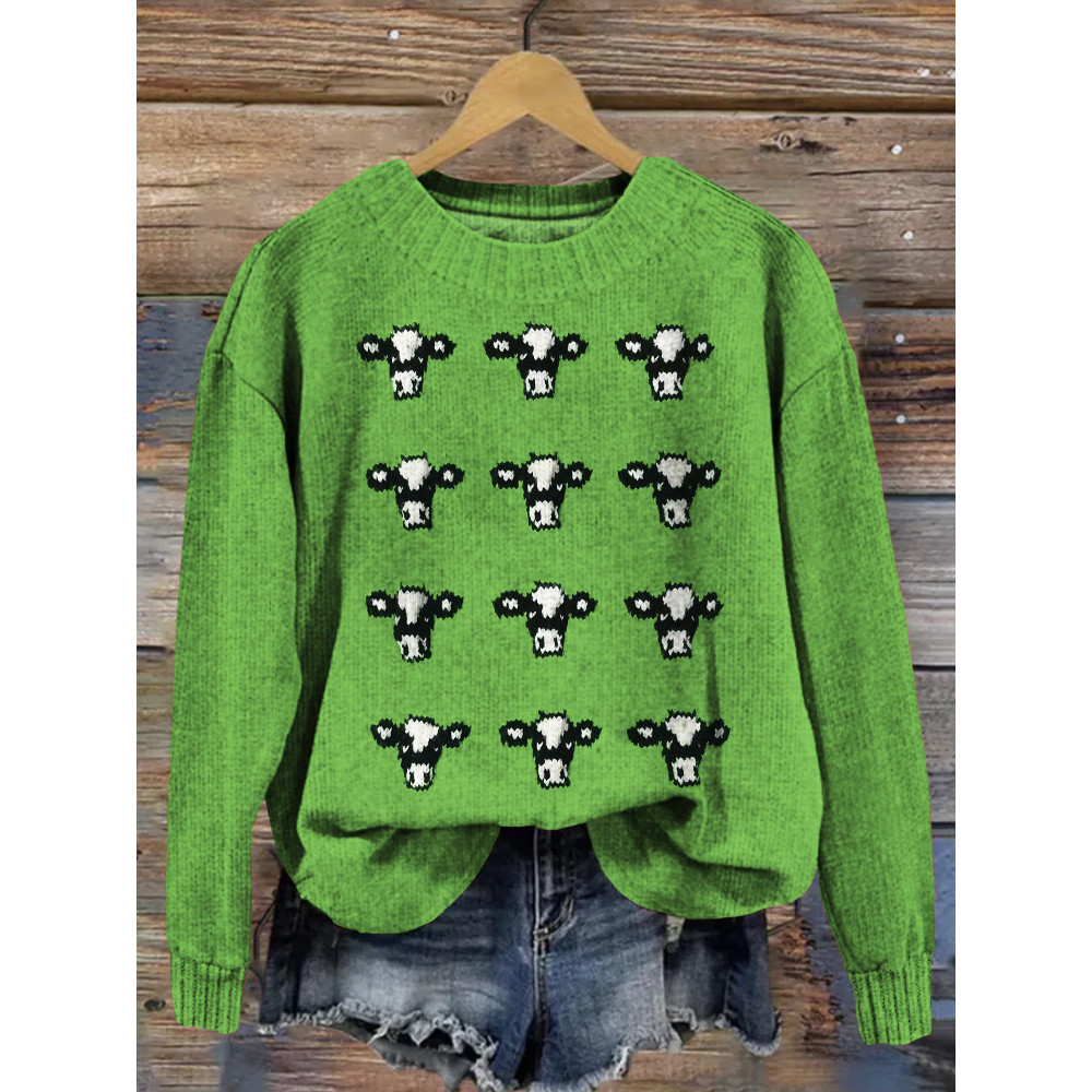 Cute Cows Embroidery Art Crew Neck Cozy Knit Sweater