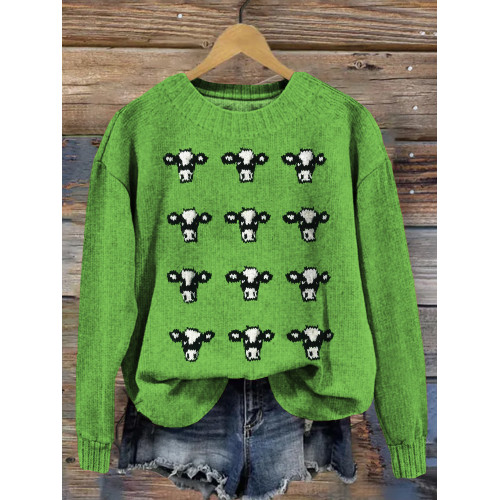 Cute Cows Embroidery Art Crew Neck Cozy Knit Sweater