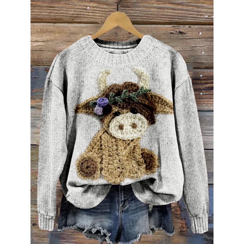 Cute Crochet Highland Cow Art Cozy Knit Sweater