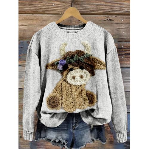Cute Crochet Highland Cow Art Cozy Knit Sweater
