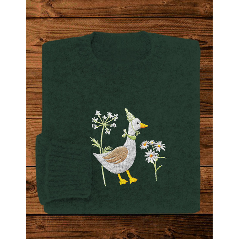Cute Embroidered Duck Pattern Cozy Knit Sweater