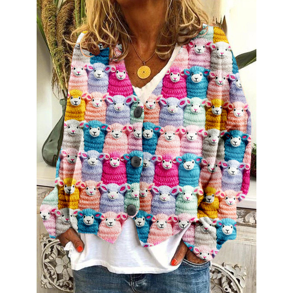 Cute Farm Pastel Sheep Embroidery Art Cozy Knit Cardigan