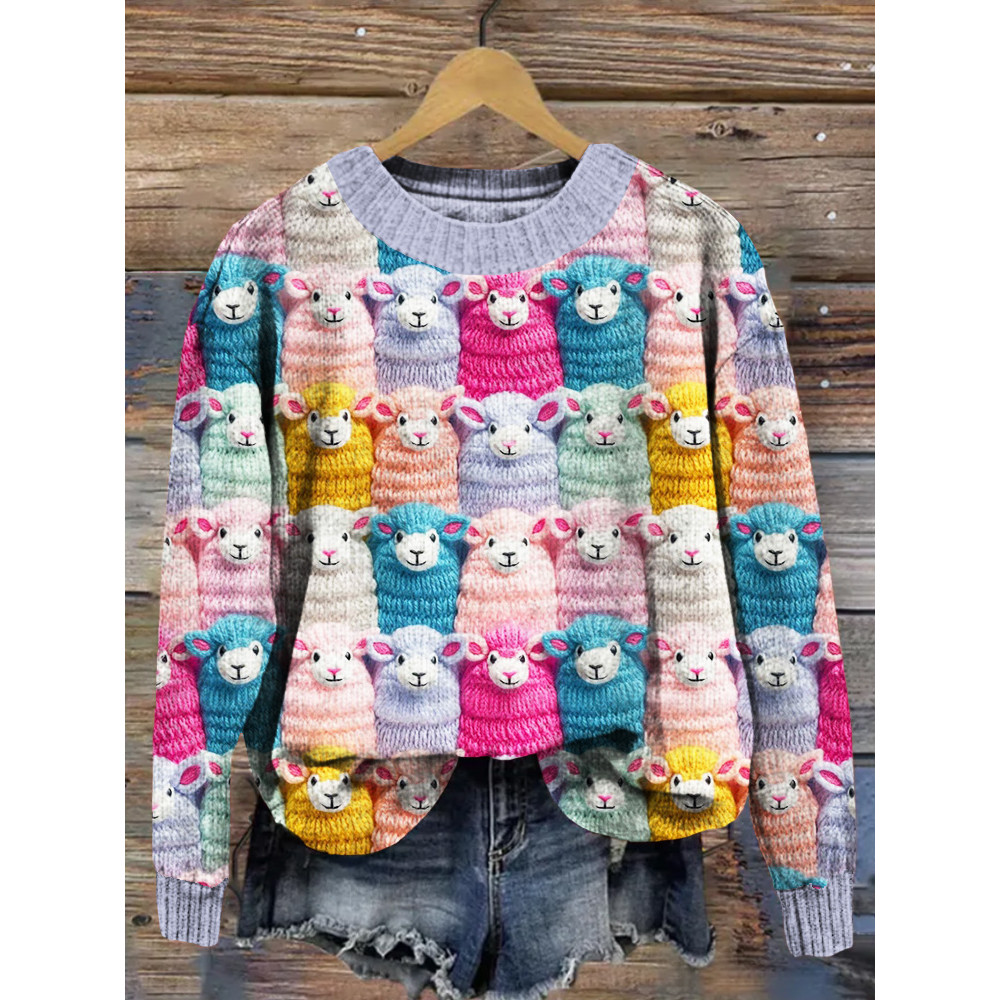 Cute Farm Pastel Sheep Embroidery Art Cozy Knit Sweater