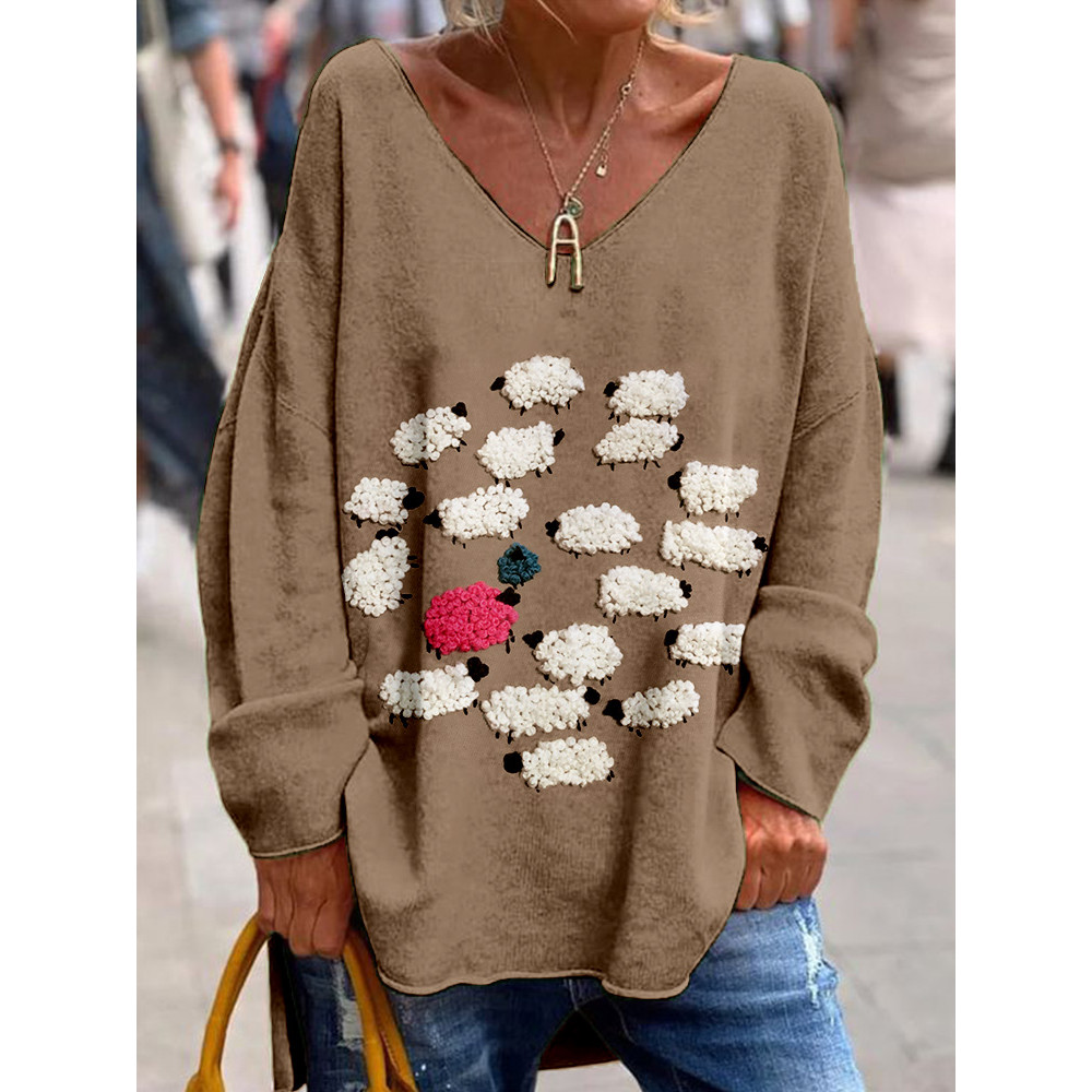 Cute Fluffy Sheep Embroidery Art V Neck Comfy T Shirt