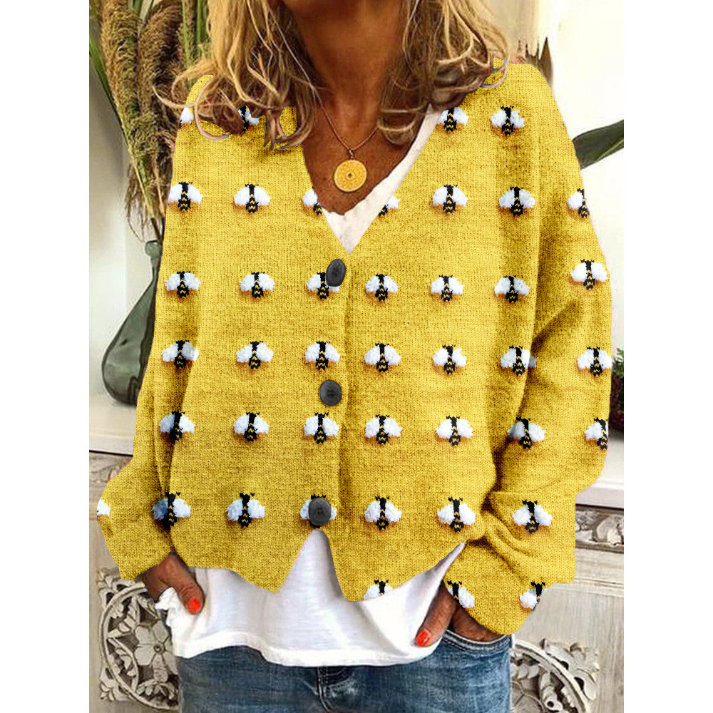 Cute Fuzzy Bee Embroidery Art Cozy Knit Cardigan