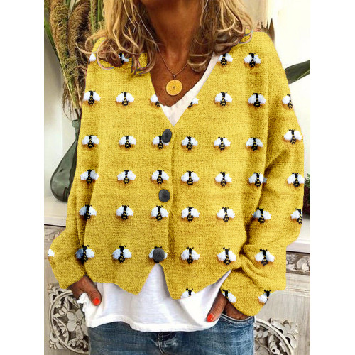 Cute Fuzzy Bee Embroidery Art Cozy Knit Cardigan