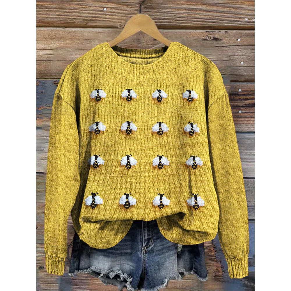 Cute Fuzzy Bee Embroidery Art Cozy Knit Sweater