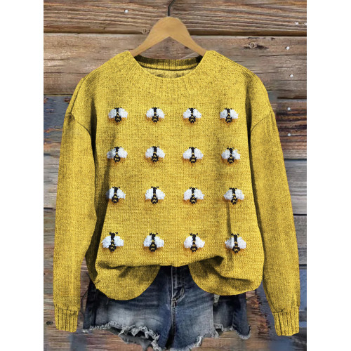 Cute Fuzzy Bee Embroidery Art Cozy Knit Sweater