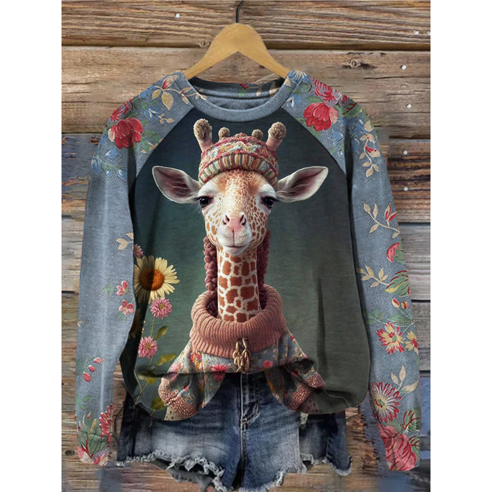 Cute Giraffe Vintage Floral Contrast Sleeve Comfy Sweatshirt