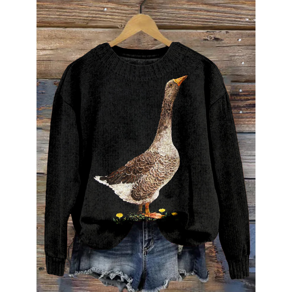 Cute Goose Embroidery Pattern Cozy Knit Sweater