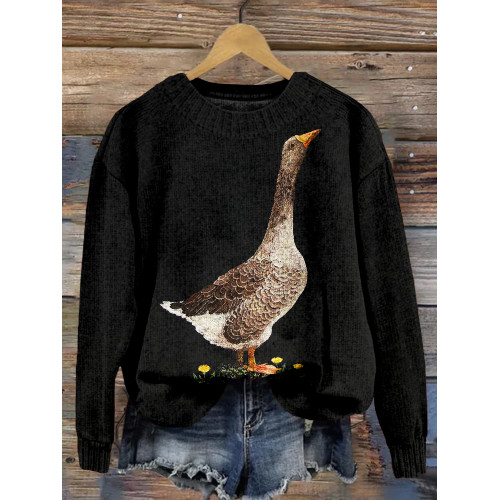 Cute Goose Embroidery Pattern Cozy Knit Sweater