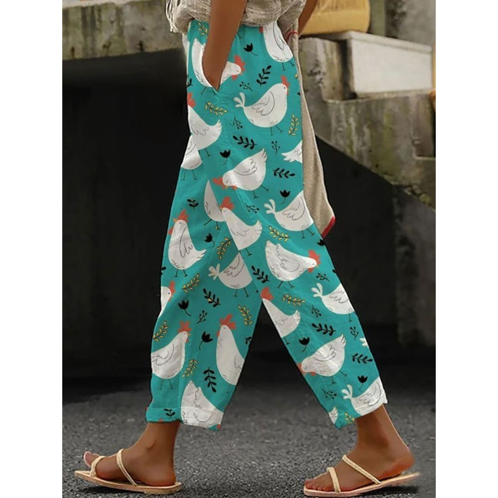 Cute Hen And Floral Print Pocket Casual Pants