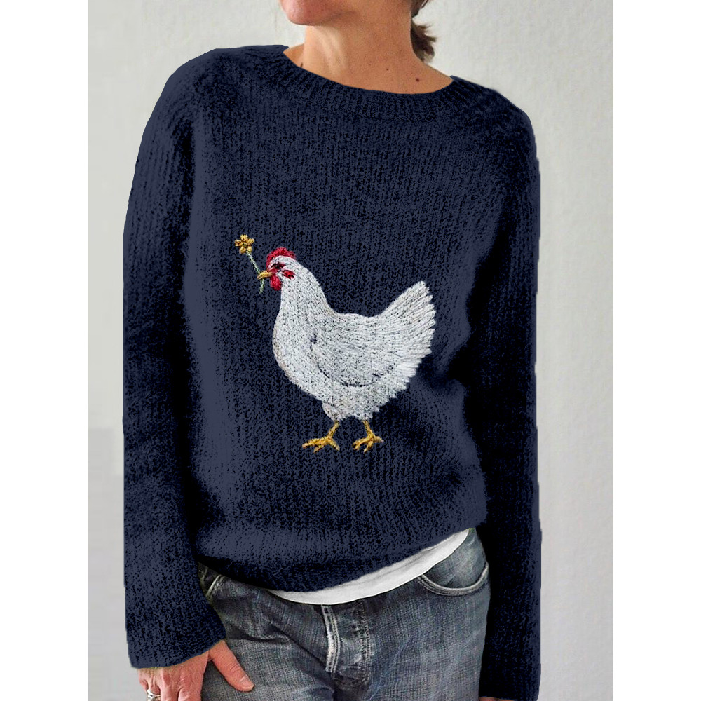 Cute Hen with Flower Embroidery Art Cozy Knit Sweater
