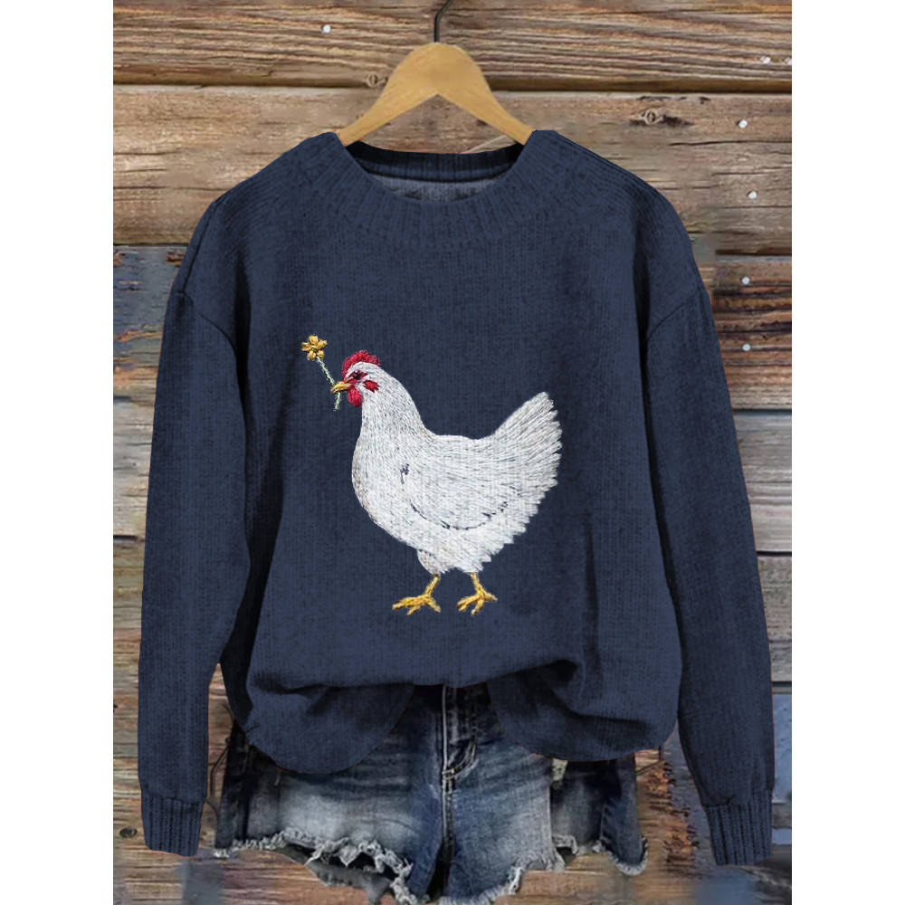 Cute Hen with Flower Embroidery Pattern Cozy Knit Sweater