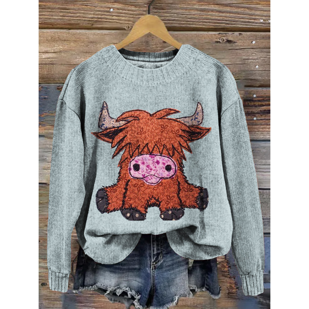 Cute Highland Cow Applique Art Cozy Knit Sweater
